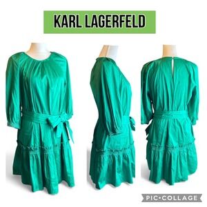 KARL LAGERFELD Paris Green Cotton Blend Pockets Button Back Tiered Dress Size 8